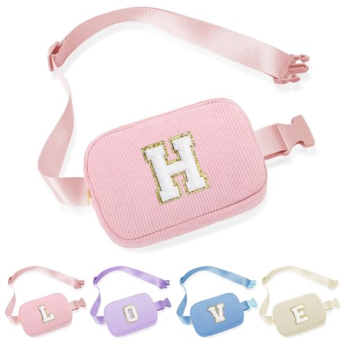 Parima Buchstaben Gürteltasche Bauchtasche für Damen, Cord Bauchtasche Rosa Gürteltasche Mädchen Sport Outdoor Travel Hüfttasche Geschenke für Frauen Mama Teenager Mädchen Bauchtasche mit Buchstaben H von Parima
