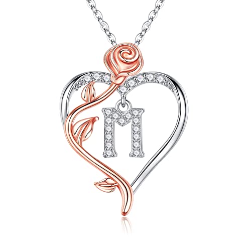 Parima Herz Rose Kette Damen mit Buchstaben, Halsktte mit Herzanhänger Initialen m Silber 925 Ketten für Damen Frauen Mama zum Ostergeschenk Geburtstagsgeschenk Muttertagsgeschenk Weihnachsgeschenk von Parima