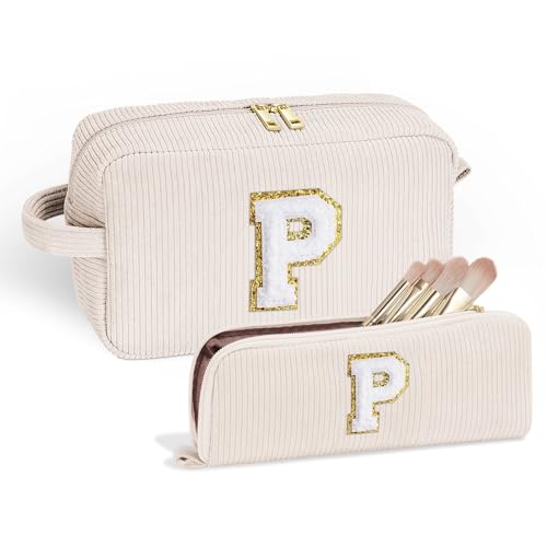 Parima Kosmetiktasche Damen - Cord Reise Schminktasche Klein Make Up Tasche Organizer mit Kulturtasche Tragbare Makeup Bag Personalisierte Geschenke für Frauen Mädchen Kosmetiktasche mit Buchstaben P von Parima
