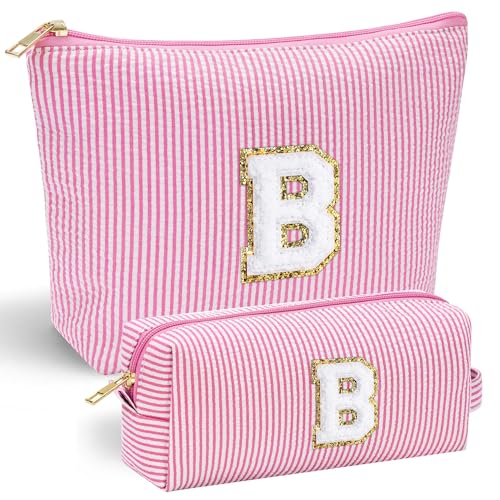 Parima Geschenk für Frauen Mädchen - Buchstaben Kosmetiktasche Rosa Schminktasche Seersucker Make Up Tasche Teenager Mädchen für Frauen Freundin Kosmetiktasche mit Buchstaben B von Parima