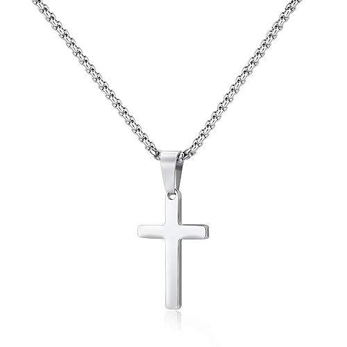 Parima Kreuz Kette Herren, Edelstahl Halskette Herren Silber Kette mit Kreuz Anhänger 1.2"*0.7" Kreuzkette Schmuck Kommunion Tauf Konfirmation Geschenkfür Kinder Freund Sohn Jungen Männer 24inch von Parima