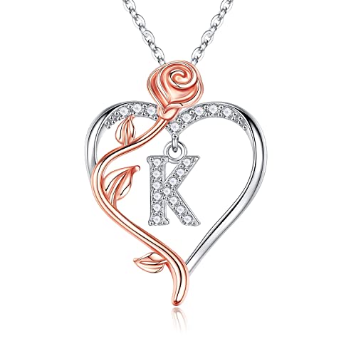 Parima Rose Herz Kette Damen mit Buchstaben, 925 Sterling Silber Halskette mit Buchstaben K Anhänger Geburtstagsgeschenk Muttertagsgeschenk Weihnachsgeschenk für Mädchen Mama Frau Freundin von Parima