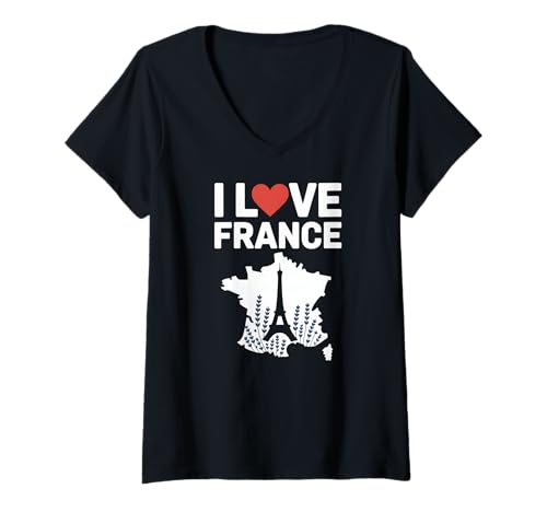 Damen Ich Liebe Frankreich Eiffelturm Karte Kunst T-Shirt mit V-Ausschnitt von Paris Eiffel Tower Travel Adventure