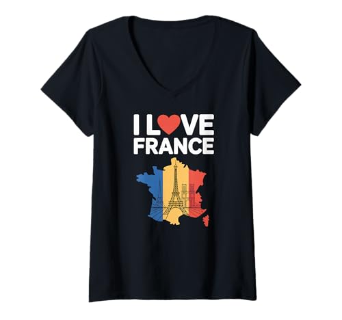 Damen Ich Liebe Frankreich Eiffelturm Karte Kunst T-Shirt mit V-Ausschnitt von Paris Eiffel Tower Travel Culture