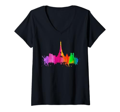 Damen Paris Skyline Eiffelturm Aquarell Kunst Frankreich Souvenir T-Shirt mit V-Ausschnitt von Paris France Apparel & Gifts