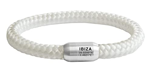 Paris Montana Das Original Ibiza Koordinaten Segeltau Armband Geflochten Mit Insel Gravur Handmade Hochwertiger Magnetverschluss 8mm Durchmesser (Weiß, 19.00) von Paris Montana