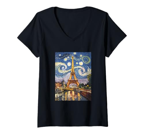 Damen Paris Eiffelturm Retro Art Van Gogh Sternennacht T-Shirt mit V-Ausschnitt von Paris Retro Art & Travel Designs