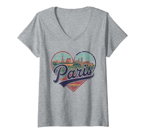 Damen Paris Herz T-Shirt - Vintage Eiffelturm Reise T-Shirt mit V-Ausschnitt von Paris Skyline Aesthetic Tess