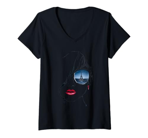 Damen Pariser Eleganz: Der Eiffelturm spiegelt sich i Sonnenbrille T-Shirt mit V-Ausschnitt Damen Pariser Eleganz: Der Eiffelturm spiegelt sich i Sonnenbrille T-Shirt mit V-Ausschnitt von Pariser Eleganz Eiffelturm Reflektierte