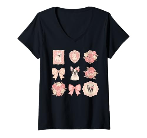 Damen Französische Bulldogge Toile Rosen und Schleifen Vintage T-Shirt mit V-Ausschnitt Damen Französische Bulldogge Toile Rosen und Schleifen Vintage T-Shirt mit V-Ausschnitt von Parisian Pup Collective