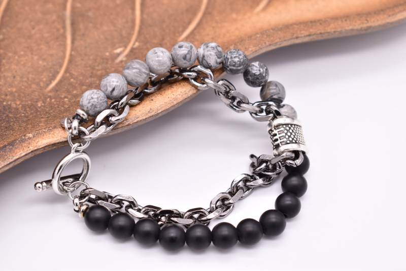 Parisi Armband- Edelstahl Kette - Grauer Jaspis Und Schwarzer Achat Natursteine Mann Herren Inkl. Weiße Schmuckschachtel von Parisistore