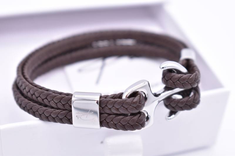 Parisi Armband - Geflochtenes Braunes Leder Anker Aus Rostfreiem Stahl Männer Mann Inkl. Weiße Schmuckschachtel von Parisistore