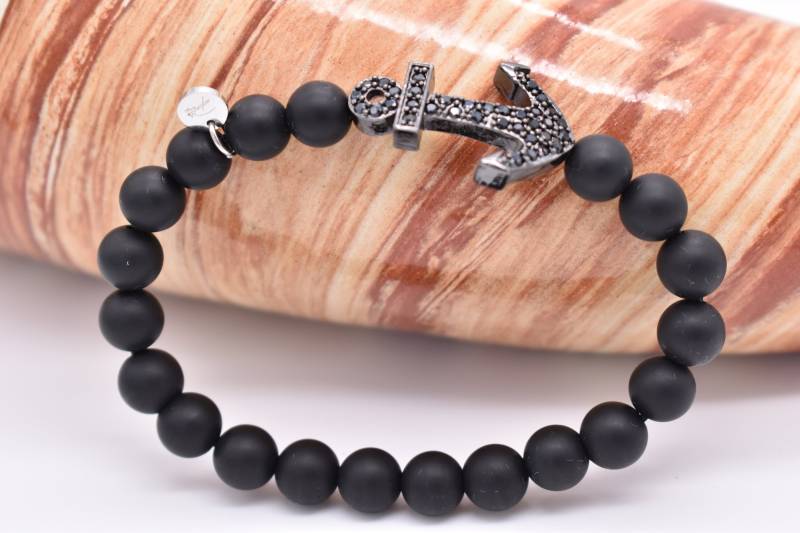 Parisi Armband - Schwarze Onyx Steine Edelstahl Anker Schwarzen Zirkon Damen Mann Herren Inkl. Weiße Schmuckschachtel von Parisistore