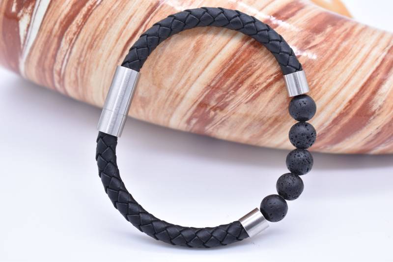 Parisi Armband - Schwarzem Geflochtenem Leder Lavasteine Mann Herren Inkl. Weiße Schmuckschachtel von Parisistore