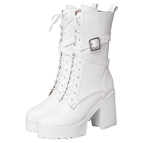 Parisuit Damen Chunky High Heel Schnürstiefel Mid Calf Boots Goth Schnalle Plateau Combat Boots Punk Reißverschluss Booties, Weiss/opulenter Garten, 41 EU von Parisuit