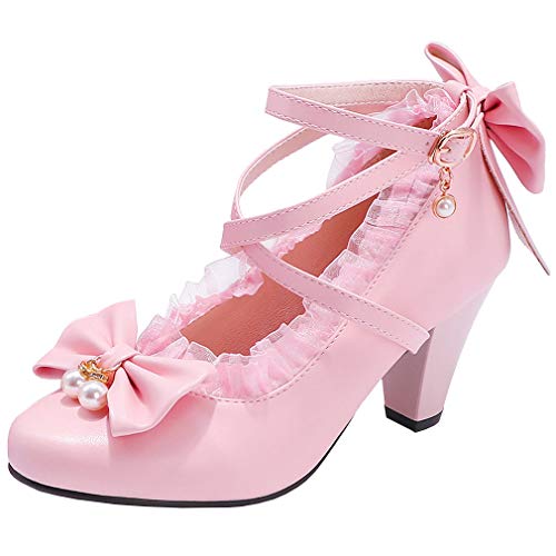 Parisuit Damen Chunky High Heels Knöchelriemen Pumps Mary Jane Schleife Spitze Kleid Schuhe, Pink, 35.5 EU Parisuit Damen Chunky High Heels Knöchelriemen Pumps Mary Jane Schleife Spitze Kleid Schuhe, Pink, 35.5 EU von Parisuit