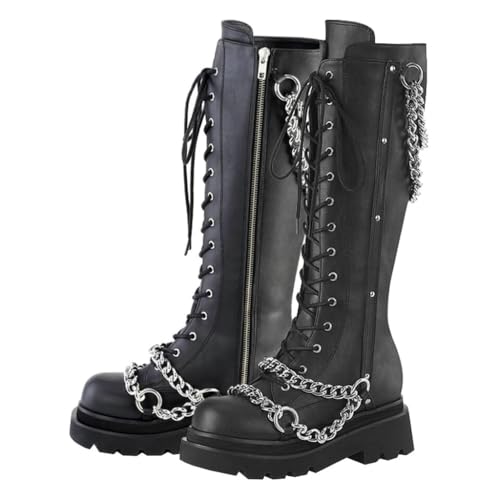 Parisuit Damen Gothic-Kniehohe Plateau-Kampfstiefel, Schnürstiefel, klobiger Absatz, Motorradstiefel mit Kette, Schwarz (Black Pu), 36 EU von Parisuit