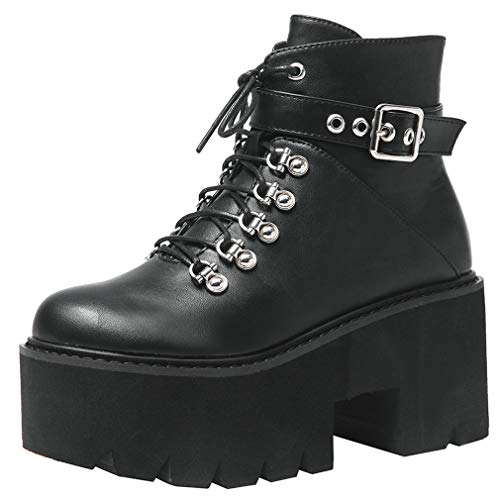 Parisuit Damen Plateau Goth Combat Boots Chunky High Heel Lace Up Ankle Booties mit Schnalle Punk Side Zipper Schuhe, (schwarz 1), 38 EU von Parisuit