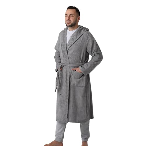 Bademantel herren baumwolle, Bathrobe, Bademantel herren mit kapuze leicht, Herrenbademantel mit Taschen, Bademantel herren sauna (2XL/3XL, Grau) von Pariza