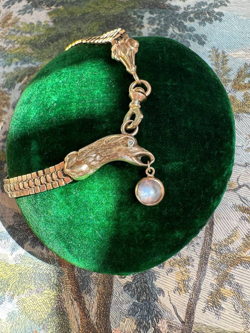 Antike 14K Fancy Link Neuheit Uhr Kette Armband Mit Mondstein Und Diamant Adler Kopf von ParkAvenueAntiques0