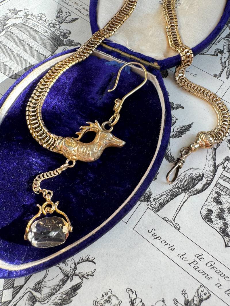 Antike 14K Fancy Link Neuheit Uhrenkette Und Fob Mit Elch Oder Hirsch Kopf von ParkAvenueAntiques0