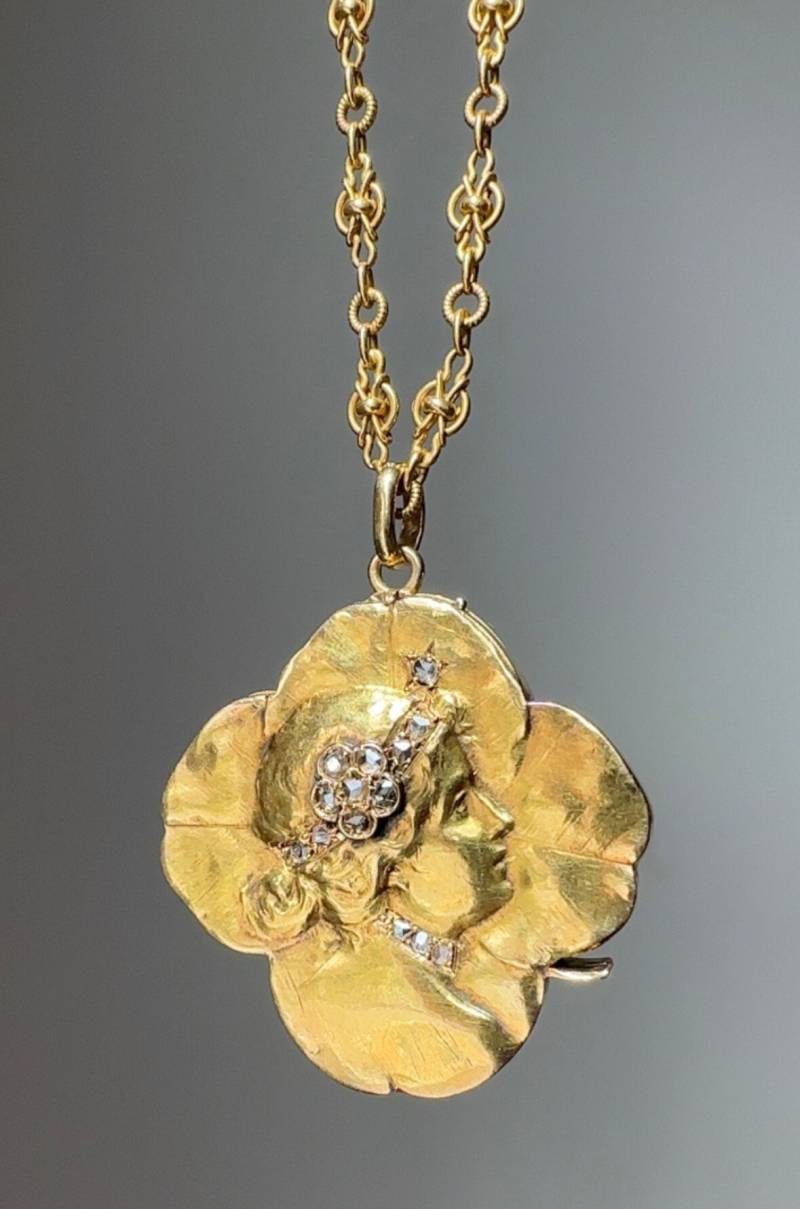 Großes 14K Jugendstil Kleeblatt Medaillon Mit Rosenschliff Diamanten von ParkAvenueAntiques0