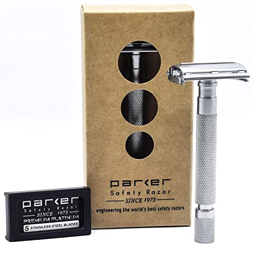 Parker Safety Razor, Parker 74R Satin-Chrom – langer Griff, schwerer Schmetterling, offener Doppelkante, Sicherheitsrasierer für Herren von Parker Safety Razor