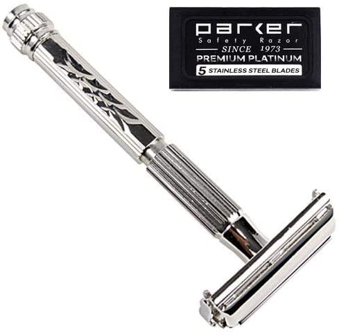 Parker Rasierhobel, 60R Klassischer Doppelschneidiger Rasierhobel, offener Rasierhobel, mit 5 Parker-Platinklingen, liefert eine Rasur in Barbershop Qualität von Parker Safety Razor