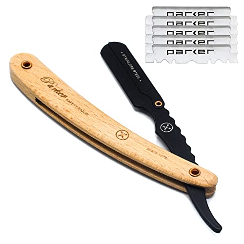 Parker SRP Pine Handle & Stainless Steel Arm Clip Type Straight Barber Razor with 5 Blades ** JUST INTRODUCED FOR FALL 2022 ** von Parker Safety Razor