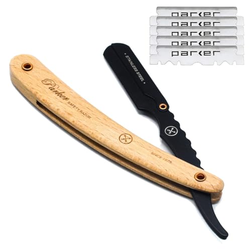 Parker SRP Pine Handle & Stainless Steel Arm Clip Type Straight Barber Razor with 5 Blades ** JUST INTRODUCED FOR FALL 2022 ** Parker SRP Pine Handle & Stainless Steel Arm Clip Type Straight Barber Razor with 5 Blades ** JUST INTRODUCED FOR FALL 2022 ** von Parker Safety Razor