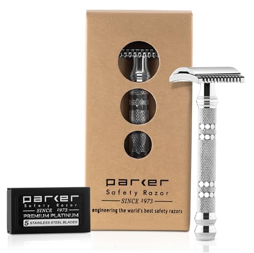 Parker Safety Razor Parker 24C – Dreiteiliger offener Kamm mit doppelter Kante, Sicherheitsrasierer und 5 Premium-Rasierklingen mit doppelter Kante von Parker Safety Razor