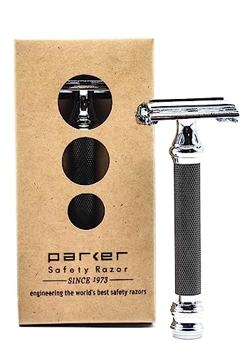 Parker Safety Razor 76R Rasierhobel für Herren, Graphitgrau, langer Griff, Schmetterling, offen, zweischneidig, Rasierhobel von Parker Safety Razor