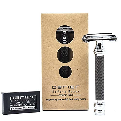 Parker Safety Razor 76R Schmetterling öffnen Double Edge-Rasierapparat - Superschwergewicht - 5 Parker Premium-Blades enthalten. Schwarz von Parker Safety Razor