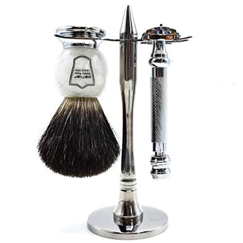 Parker Safety Razor 99R Sicherheitsrasierer Rasierset - Hochwertig Schwarz Dachs Bürste, Edelstahl Ständer & Parker 99R Schmetterling öffnen Rasierapparat von Parker Safety Razor