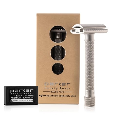 Parker Safety Razor Variant Einstellbare zweiseitige Sicherheits-Rasierer und 5 Premium Blades - Seidenmatt verchromt von Parker Safety Razor