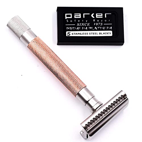 Parker's Semi Slant Rasierhobel und 5 Parker Premium Double Edge Rasierklingen – Roségold von Parker Safety Razor