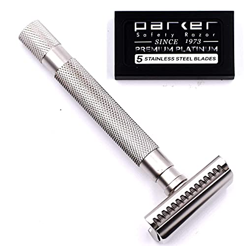 Parker's Semi Slant Rasierhobel und 5 Parker Premium Double Edge Rasierklingen – Satin Chrome von Parker Safety Razor