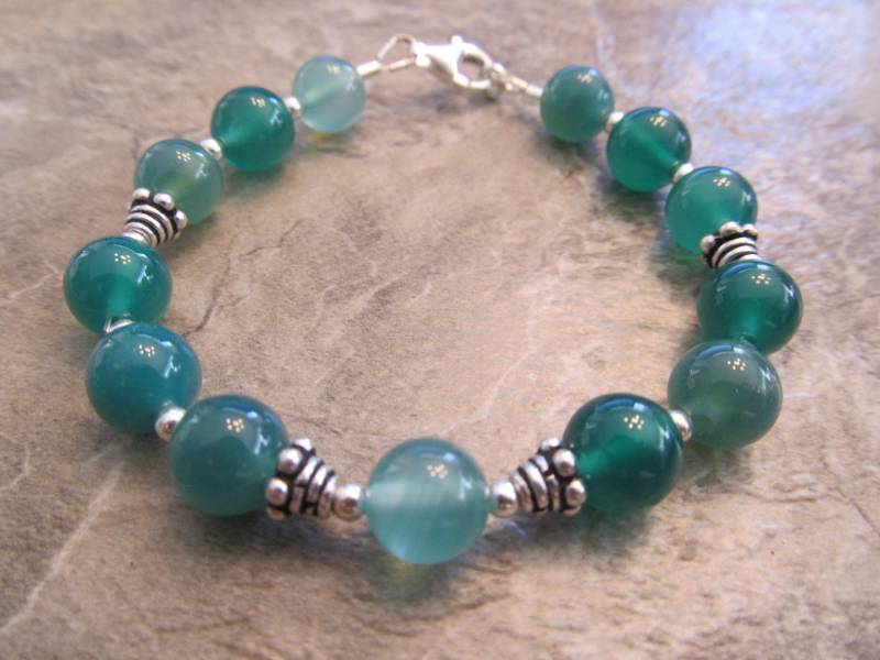 Edelstein Armband Grün Achat & Sterling Silber Bali Perle von ParkerPendants