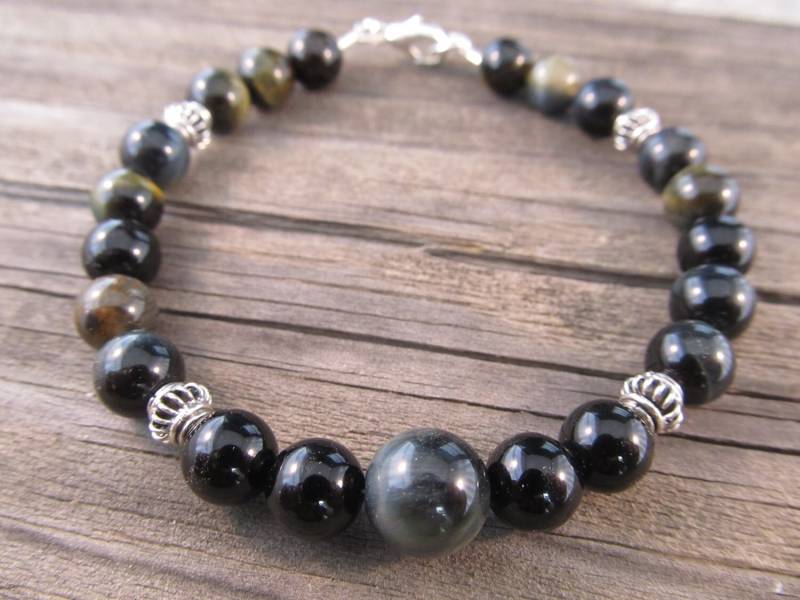 Herren Schwarz Onyx Und Blue Tigers Eye Armband in Sterling Silber Mit Bali Perlen von ParkerPendants