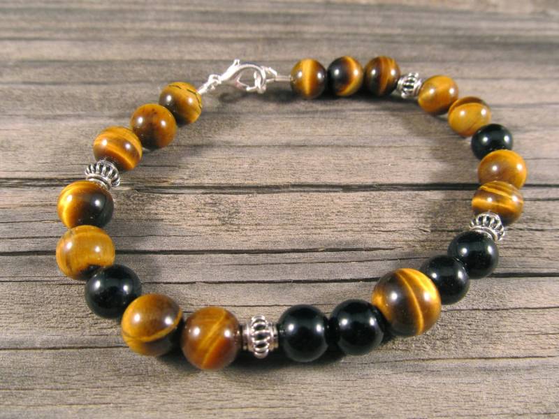 Herren Schwarz Onyx Und Golden Tigers Eye Armband in Sterling Silber Mit Bali Perlen von ParkerPendants