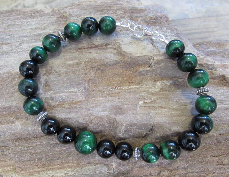 Mens Black Onyx Und Grüne Tiger Eye Armband Aus Sterlingsilber Mit Silber Bali Perlen von ParkerPendants