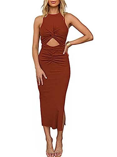 Parkourer Kleid Damen Ärmelloses Rundhals Sommerkleid Cut Out Twist Knot Sexy Bodycon Schlitz Einfarbige Partykleid Damen Ausgeschnittenes Einfarbiges Split Schmal Strick Midikleid Bleistiftkleid von Parkourer