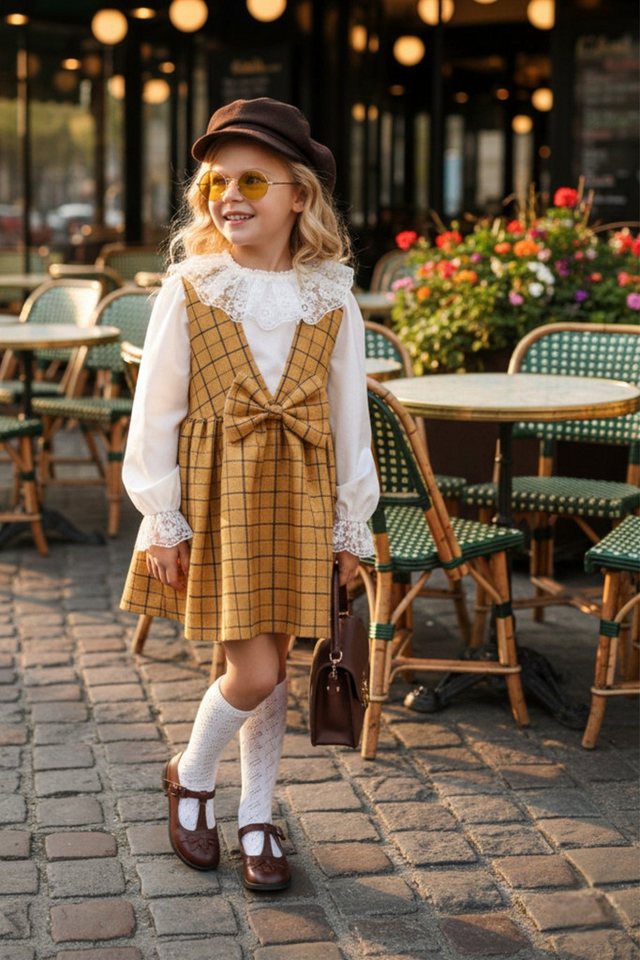 Parla Kids Karokleid Senfgelbes Kleid im Karomuster mit einer Bluse mit Spitzendetails Oberteil hat am Kragen und an Ärmeln Spitzendetails von Parla Kids