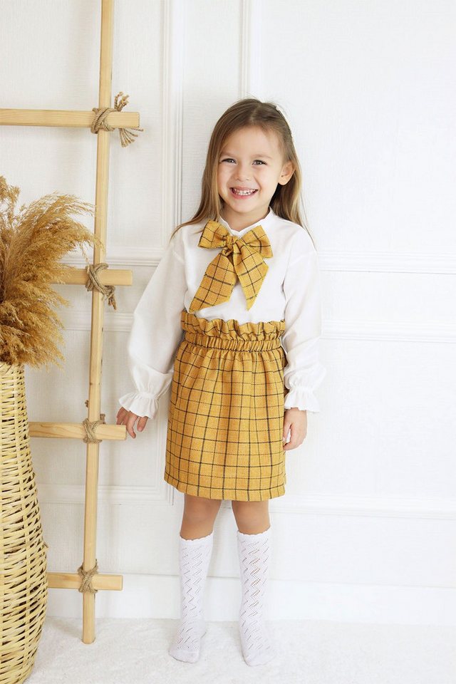 Parla Kids Shirt & Rock Senffarben gemusterter Rock und weißer Bluse mit passender Schleife (2-tlg., Rock, Shirt und Schleife) von Parla Kids