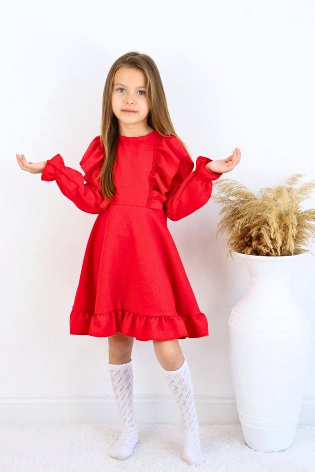 Parla Kids Sommerkleid Rotes Mädchen Leinenkleid – Langarm mit Rüschen (1-tlg) von Parla Kids