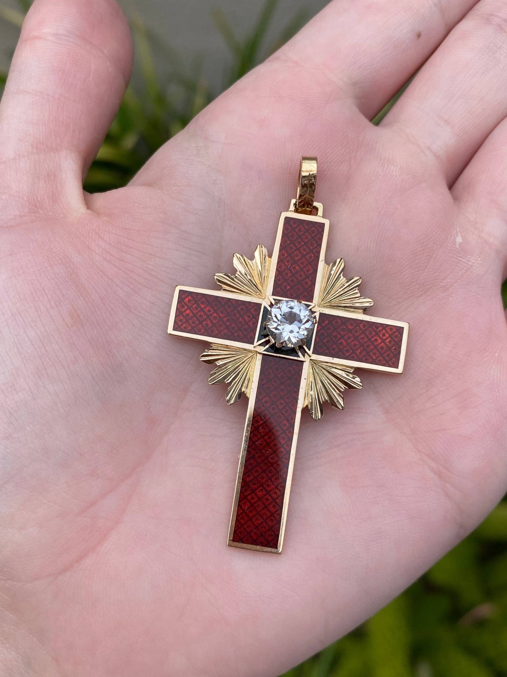 Vintage 14K Gelb Gold Emaille Cz Kreuz Anhänger - Charm Für Halskette Echt Hochwertiger Nachlass Schmuck Unisex Geschenk Sie Oder Ihn von ParlayJewelry