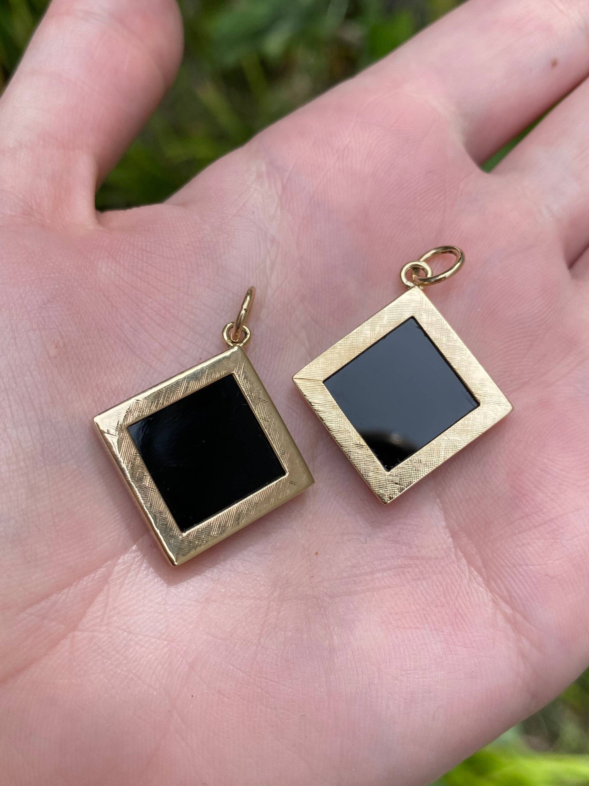 Vintage 14K Gelb Gold Schwarzer Onyx Charm - Edelstein Kristall Floral Edler Nachlass Schmuck Anhänger Für Halskette von ParlayJewelry