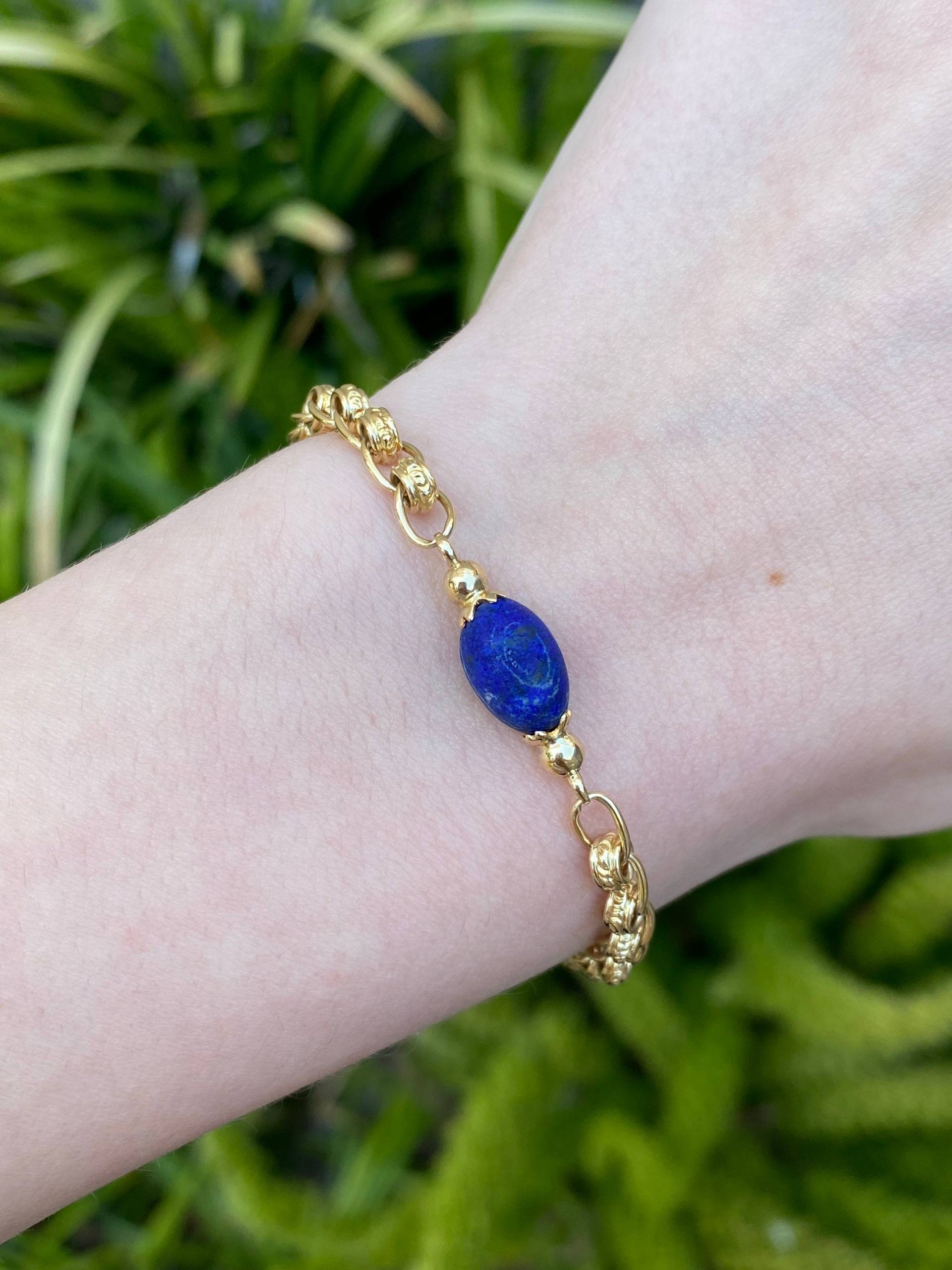 Vintage 18K Gelbgold Lapislazuli Fancy Gliederkettenarmband - Hochwertiger Feiner Nachlassschmuck Schweres Echtes Echtgold von ParlayJewelry