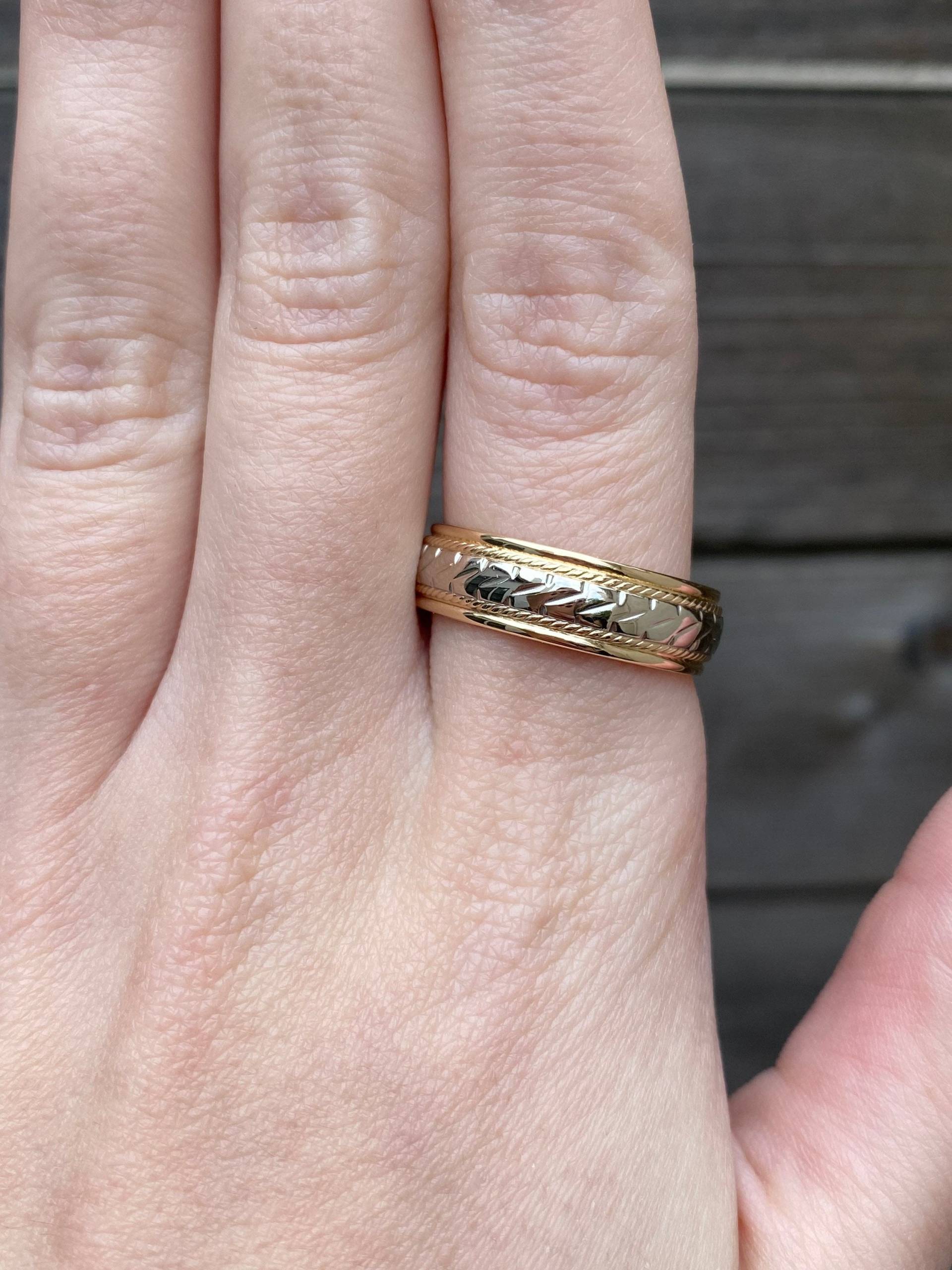 Vintage Massives 14K Gelb & Weiß Gold Designte Ringband - Größe 9 3/4 Qualitäts Fine Estate Schmuck Echtes Unisex von ParlayJewelry