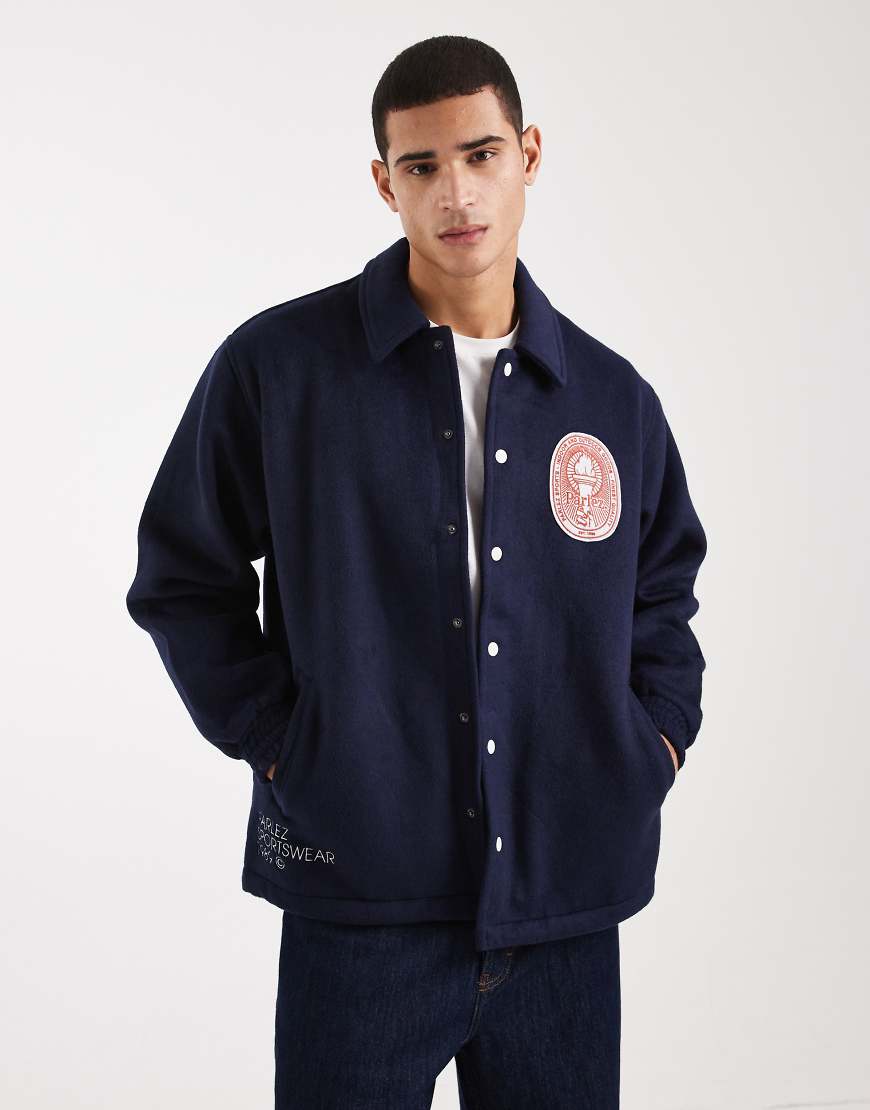 Parlez - Coach-Jacke aus schwerem Wollmix in Marineblau mit besticktem Logo-Aufnäher von Parlez